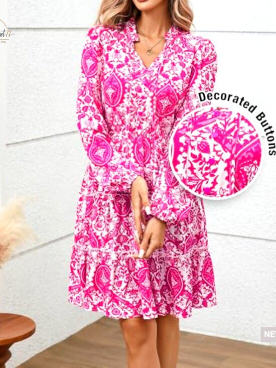 Long Sleeve V-Neck A-Line Mini Dress Floral Boho Tiered Ruffle Swing - Picture 4 of 7